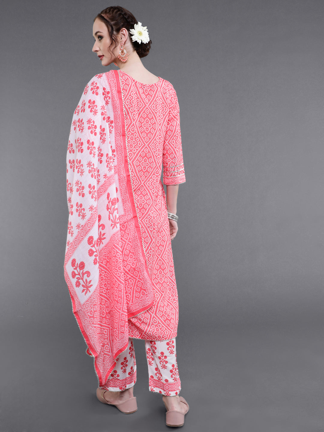 Pink Bandhani Print Kurta Pant With Dupatta