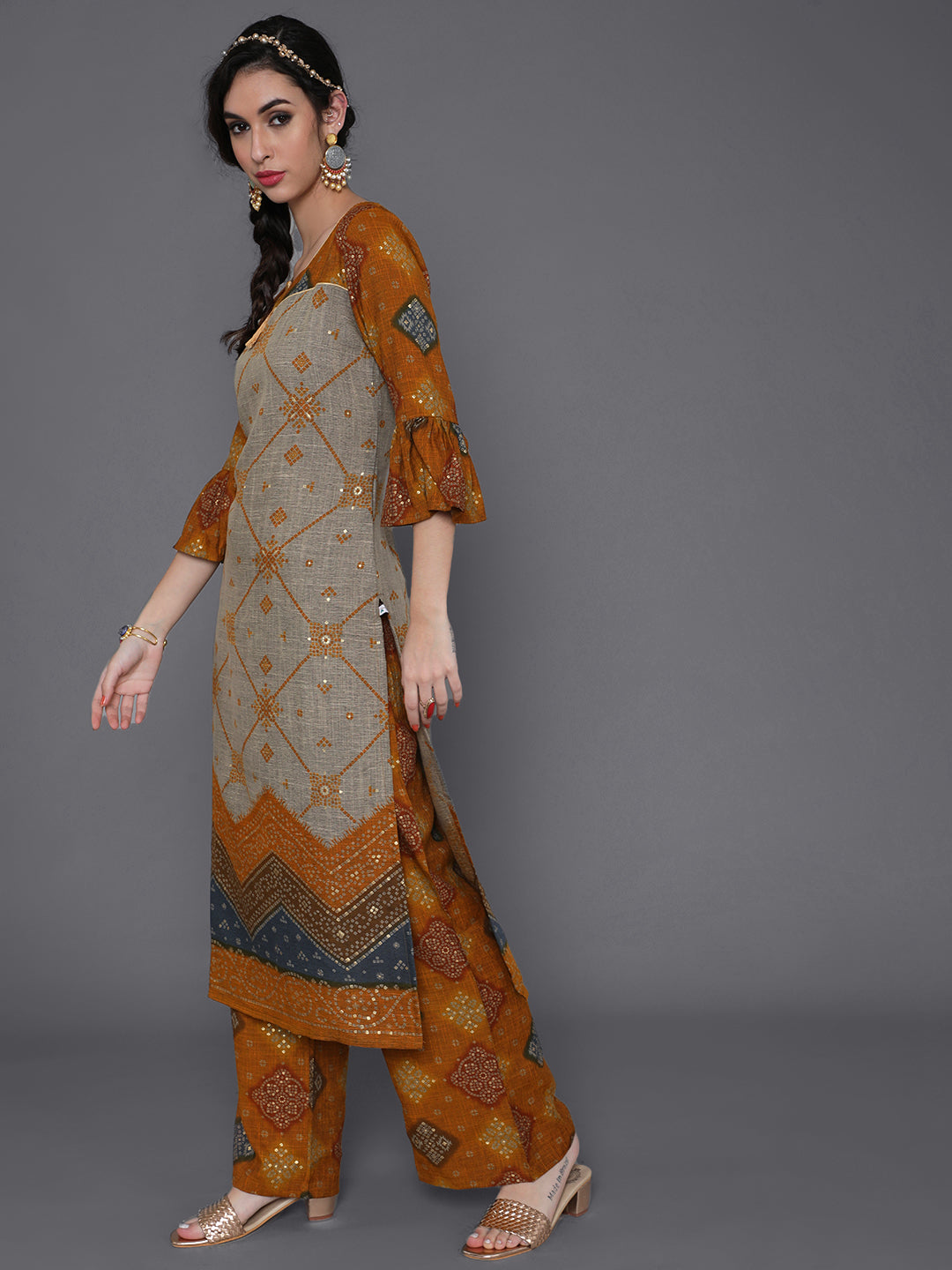 Mustard Gold Printed Kurta With Palazzo