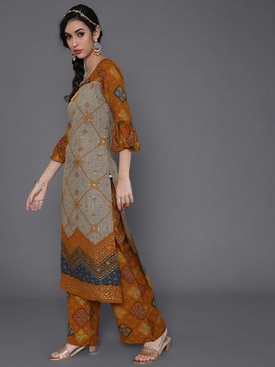 Mustard Gold Printed Kurta With Palazzo