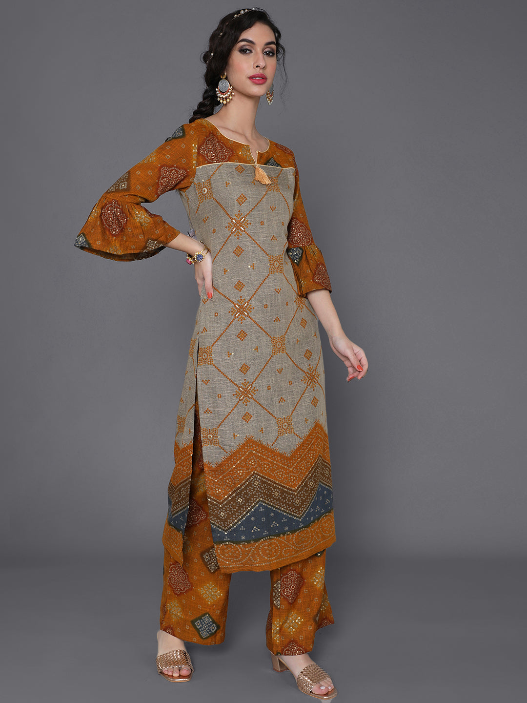 Mustard Gold Printed Kurta With Palazzo