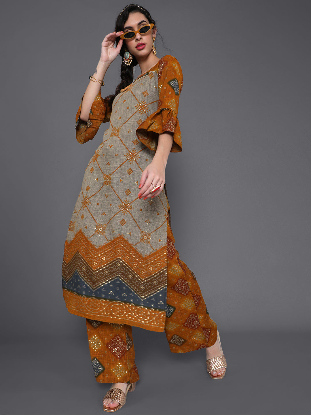 Mustard Gold Printed Kurta With Palazzo