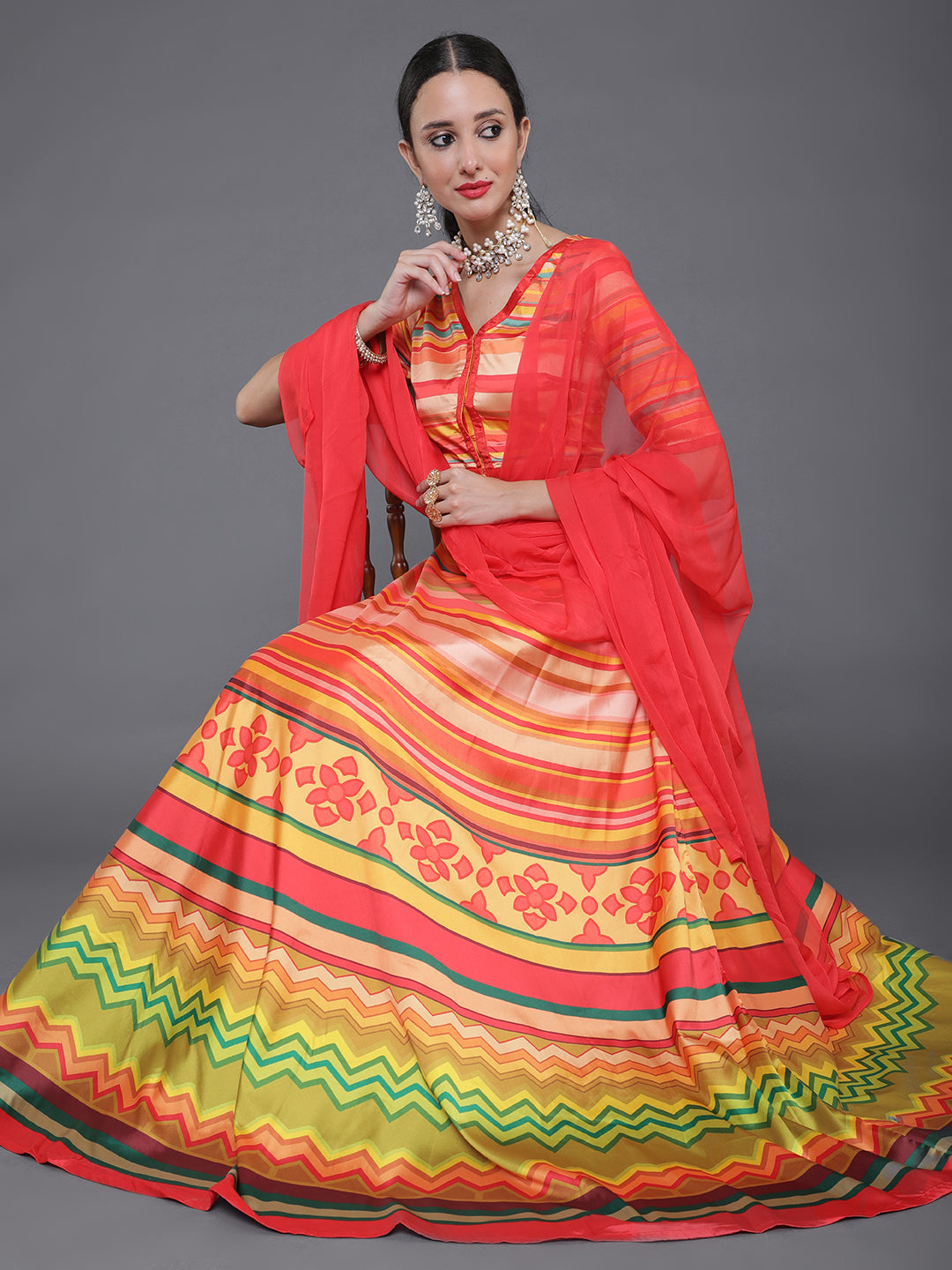 Pink Striped Lehenga Choli With Dupatta