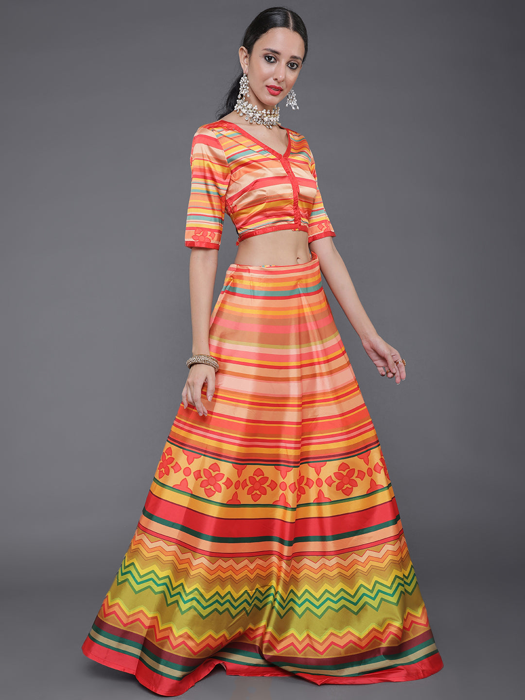 Pink Striped Lehenga Choli With Dupatta