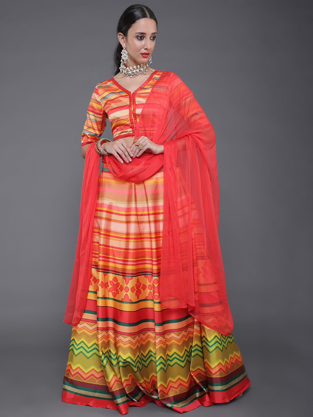 Pink Striped Lehenga Choli With Dupatta