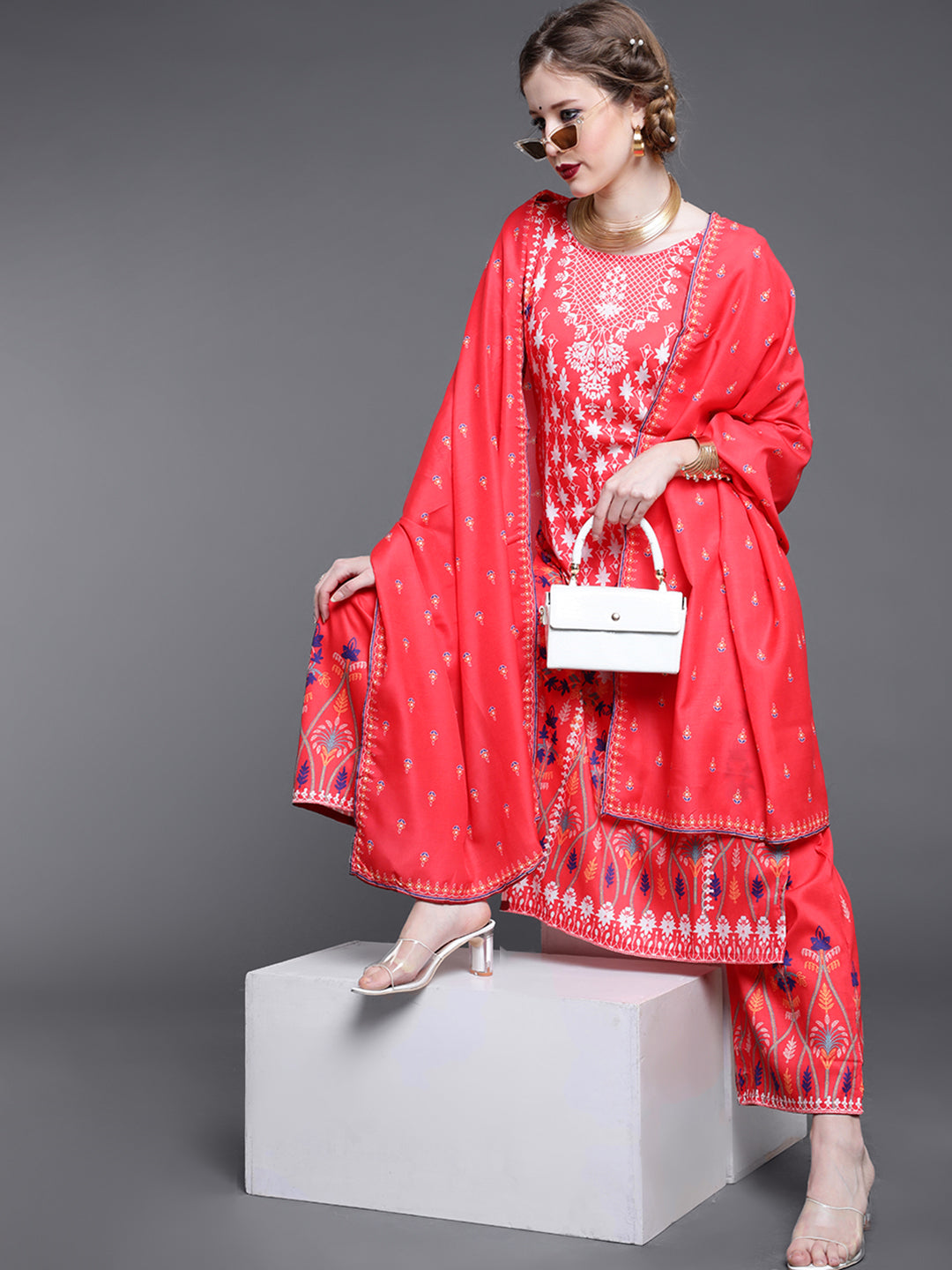 Red Printed Kurta With Palazzo