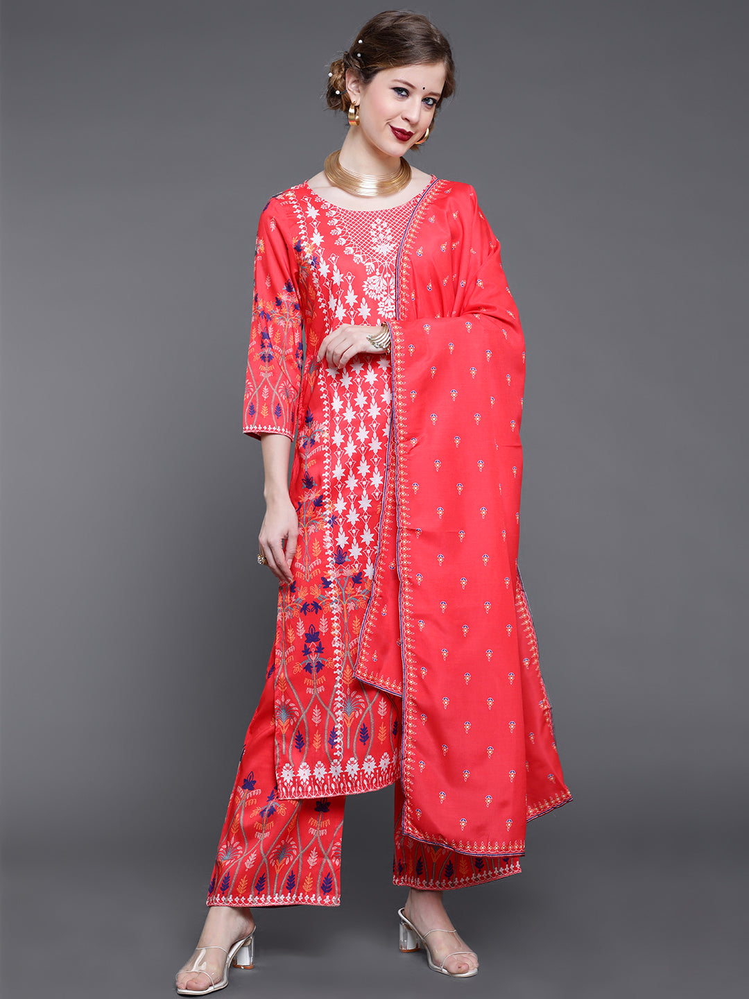 Red Printed Kurta With Palazzo