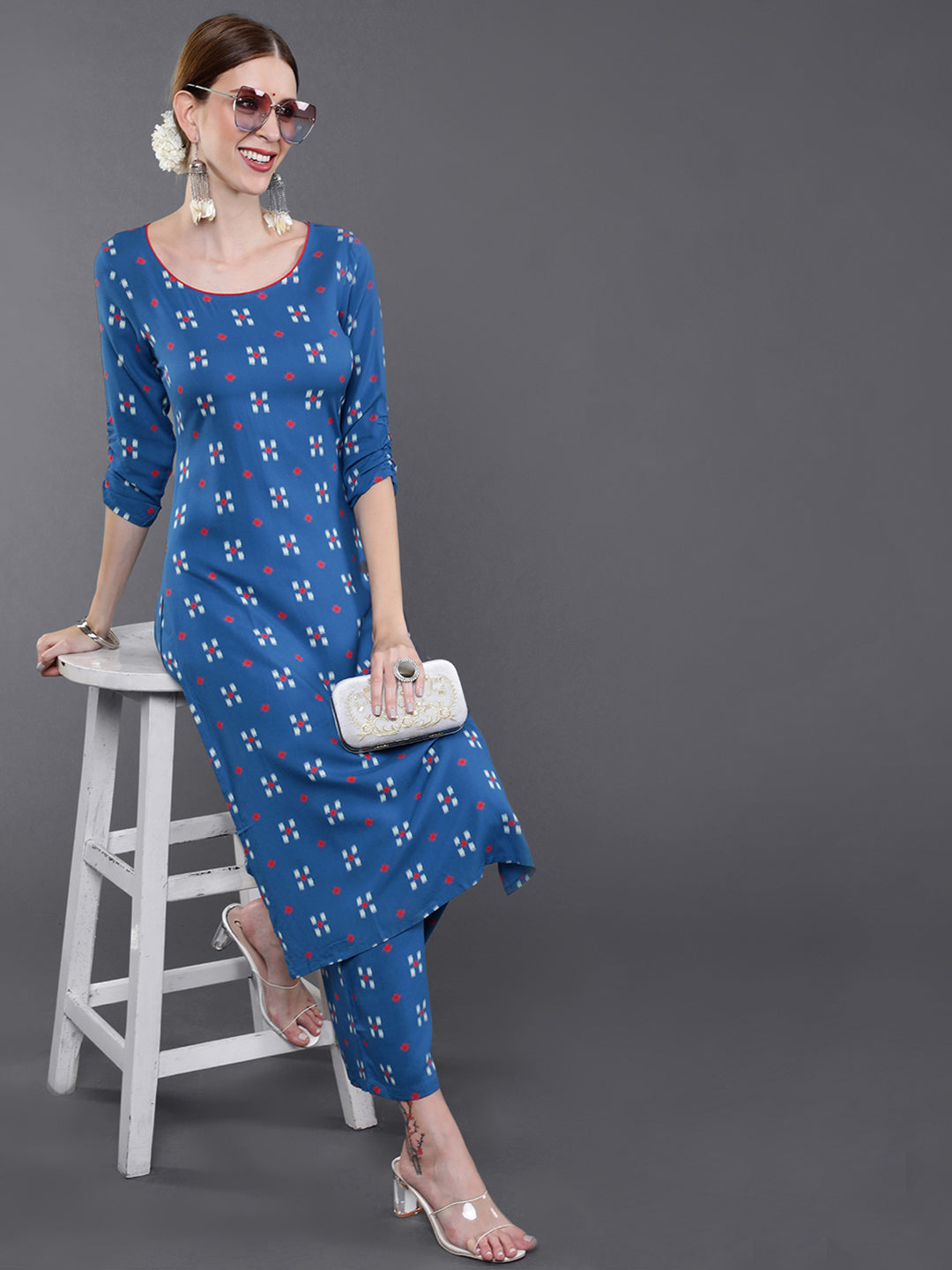 Blue Printed Straight Kurta With Palazzo