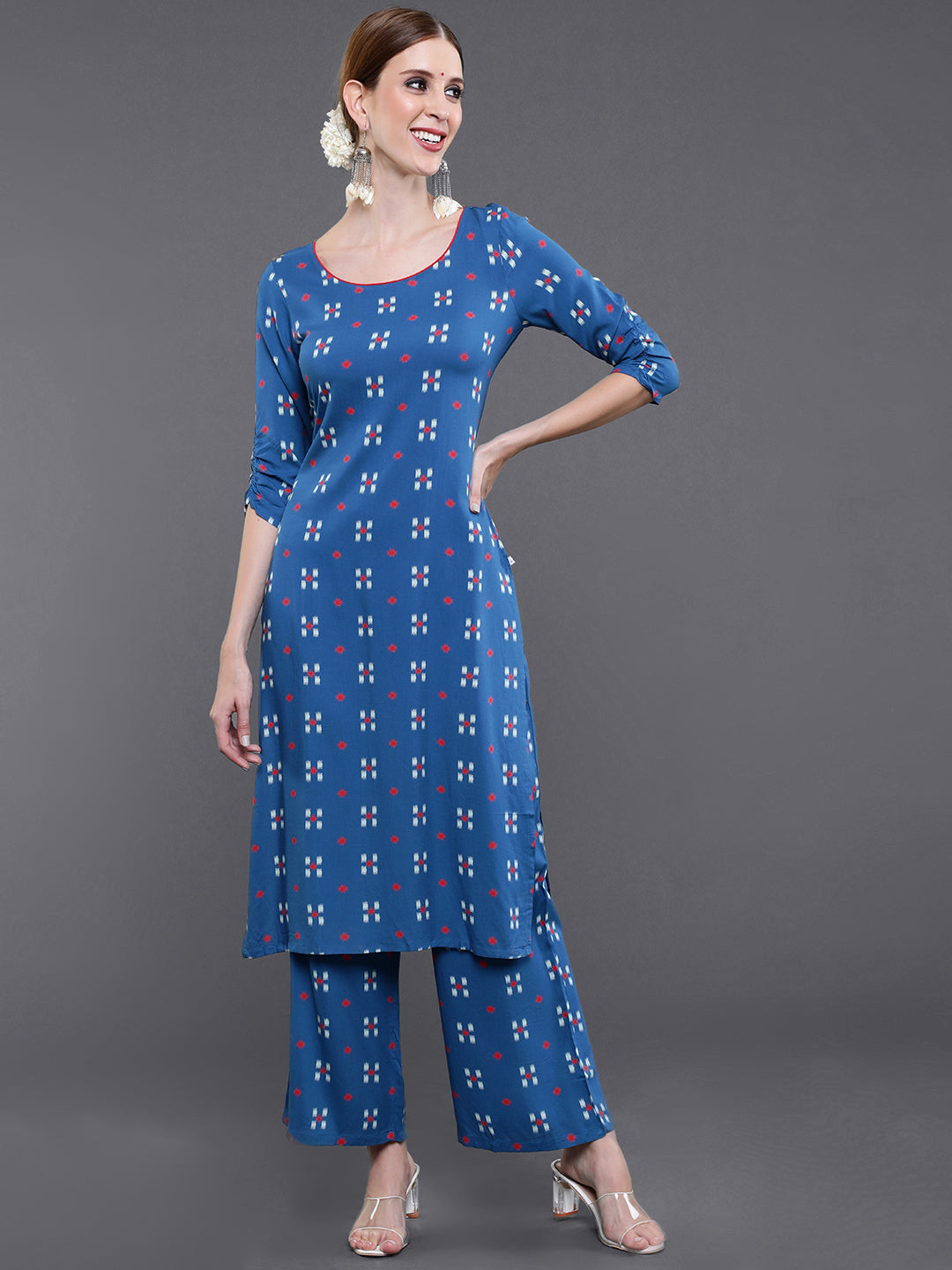 Blue Printed Straight Kurta With Palazzo