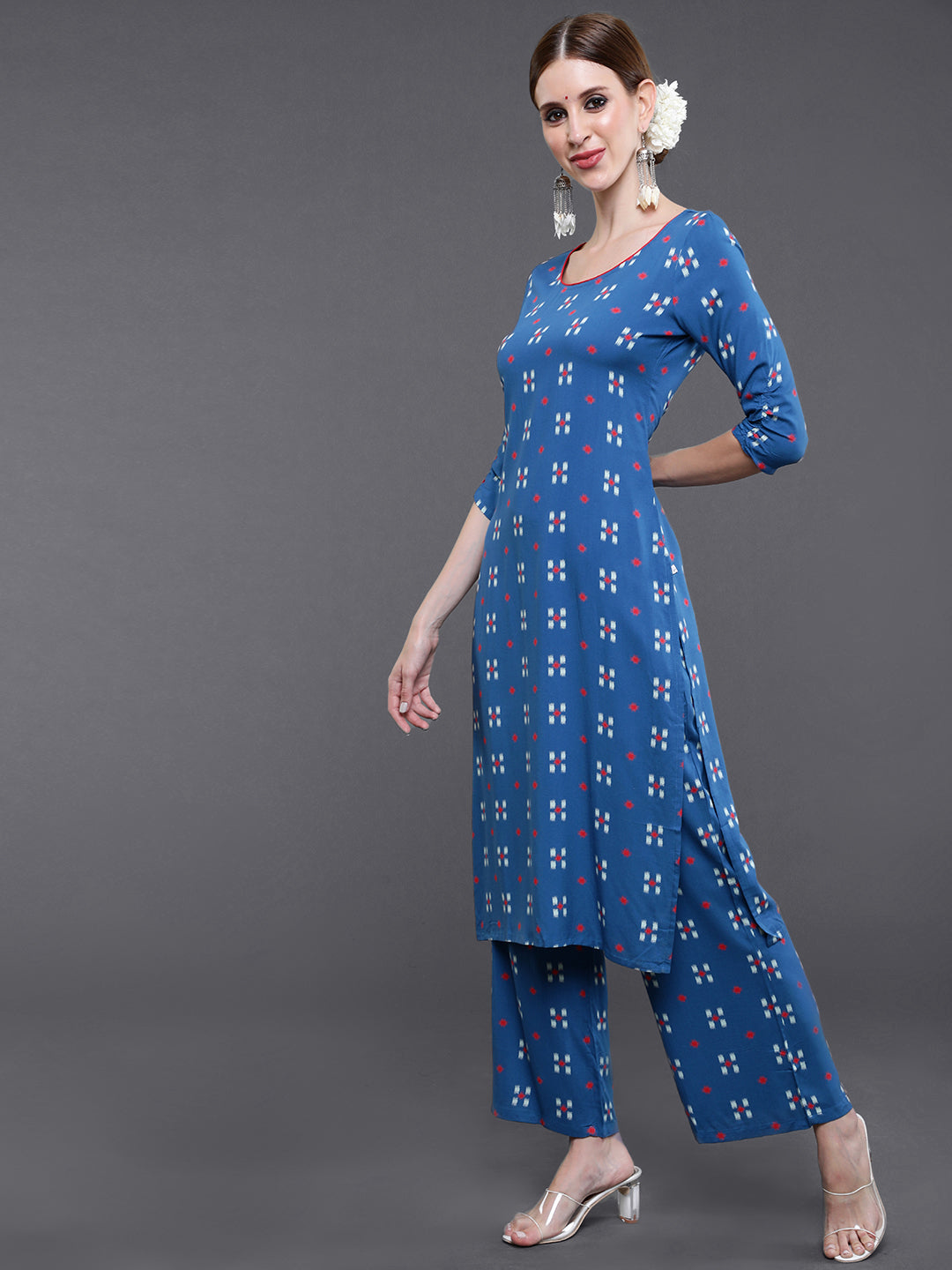 Blue Printed Straight Kurta With Palazzo