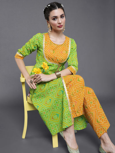 Green Bandhani Print A-Line Kurta With Palazzo