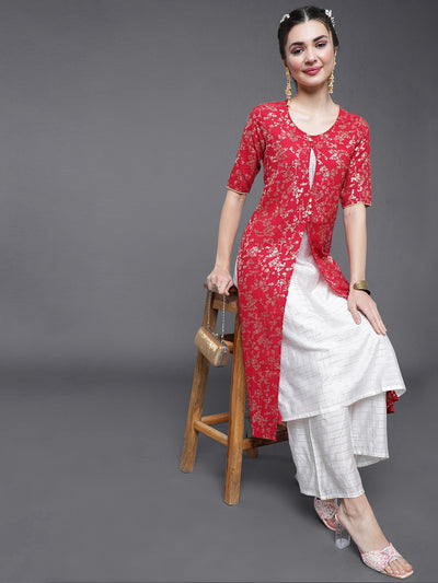 Red Gold Printed Layered Kurta With Palazzo