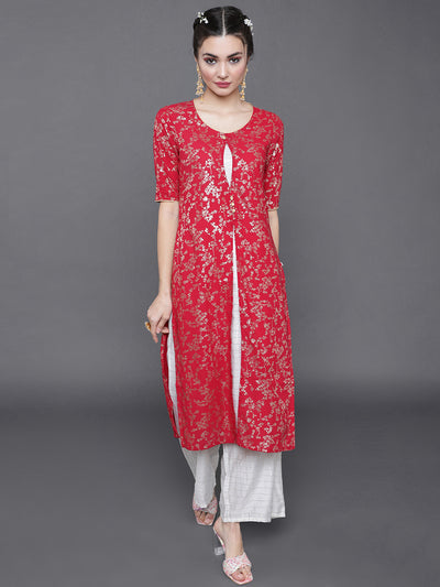 Red Gold Printed Layered Kurta With Palazzo