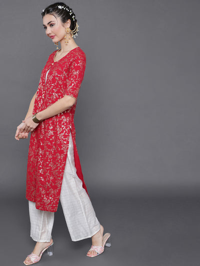 Red Gold Printed Layered Kurta With Palazzo