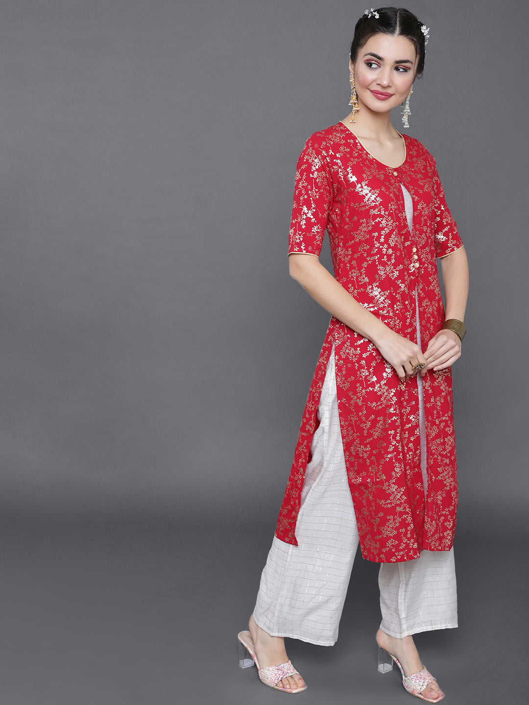 Red Gold Printed Layered Kurta With Palazzo