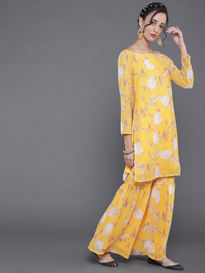 Yellow Floral Print Kurta Sharara With Dupatta