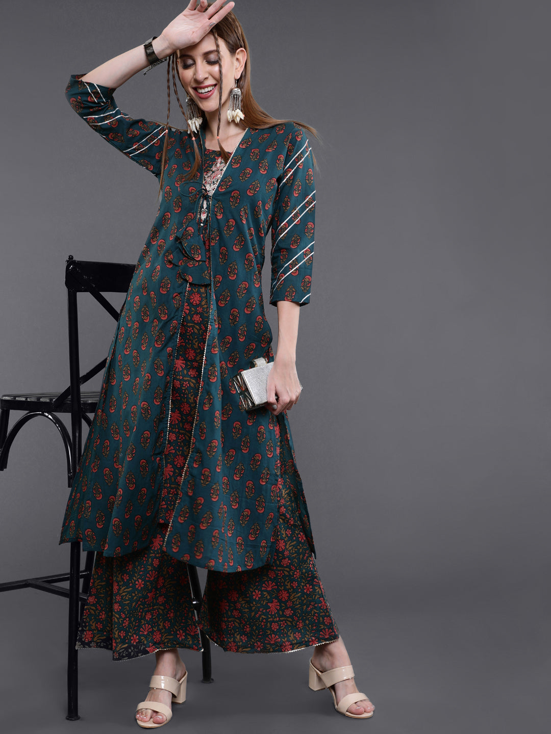Green Embroidered Kurta Palazzo With Jacket