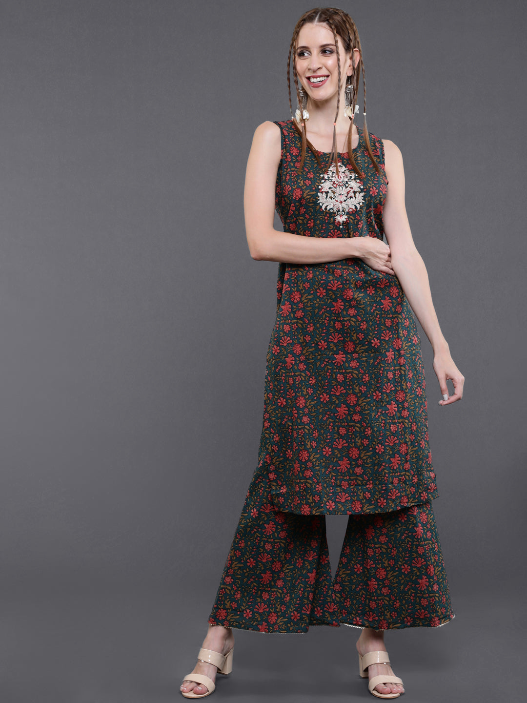 Green Embroidered Kurta Palazzo With Jacket