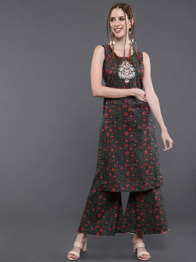 Green Embroidered Kurta Palazzo With Jacket