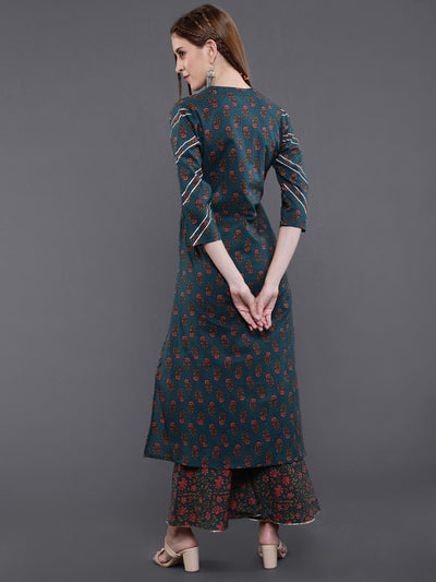 Green Embroidered Kurta Palazzo With Jacket