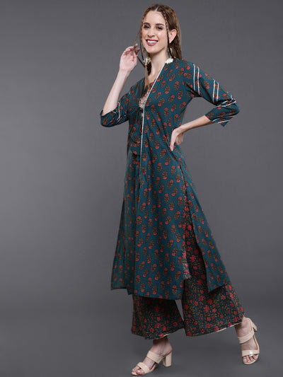 Green Embroidered Kurta Palazzo With Jacket