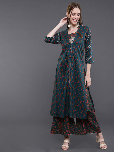 Green Embroidered Kurta Palazzo With Jacket