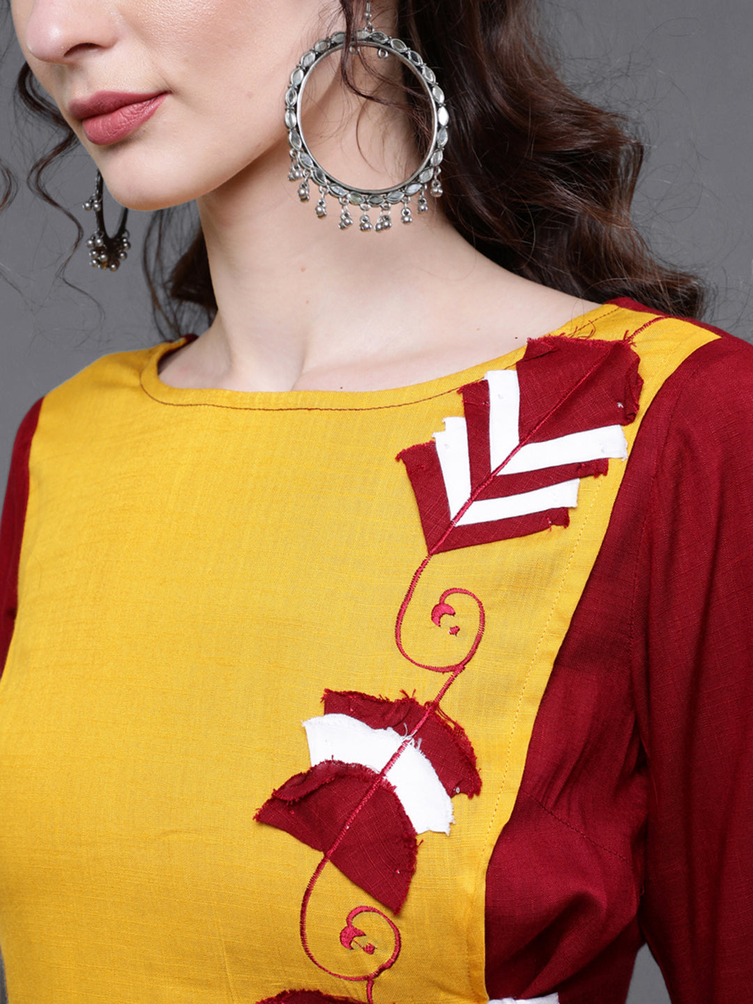 Maroon & yellow Embroidered Kurta