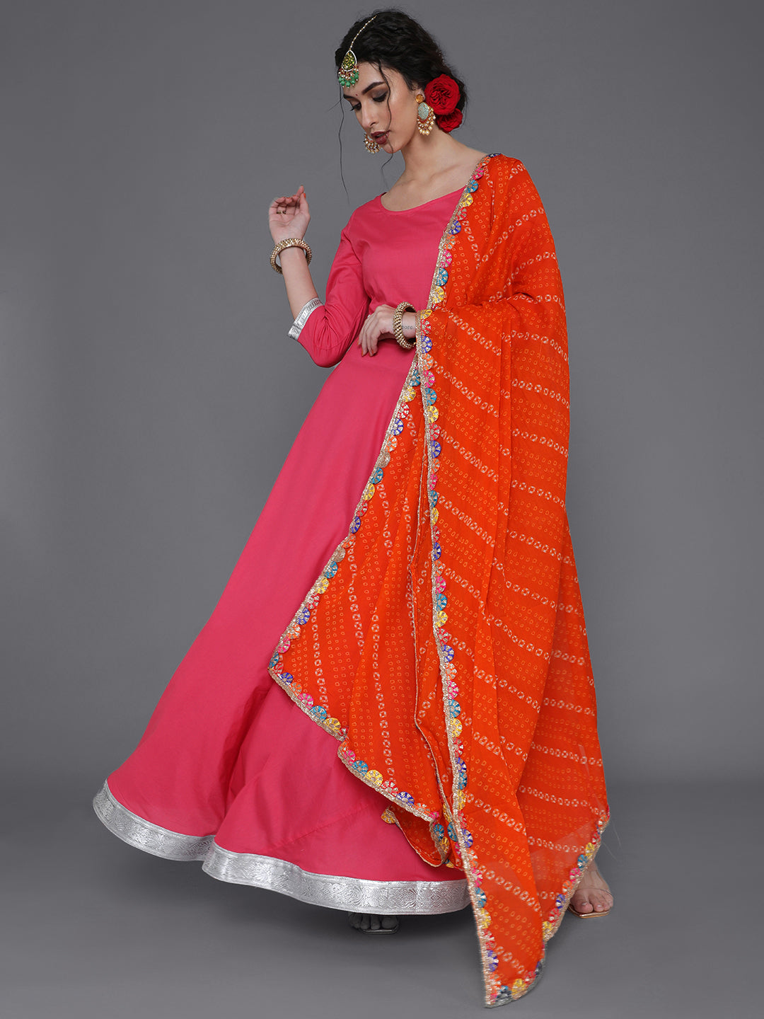 Magenta Maxi Dress With Orange Bandhani Dupatta