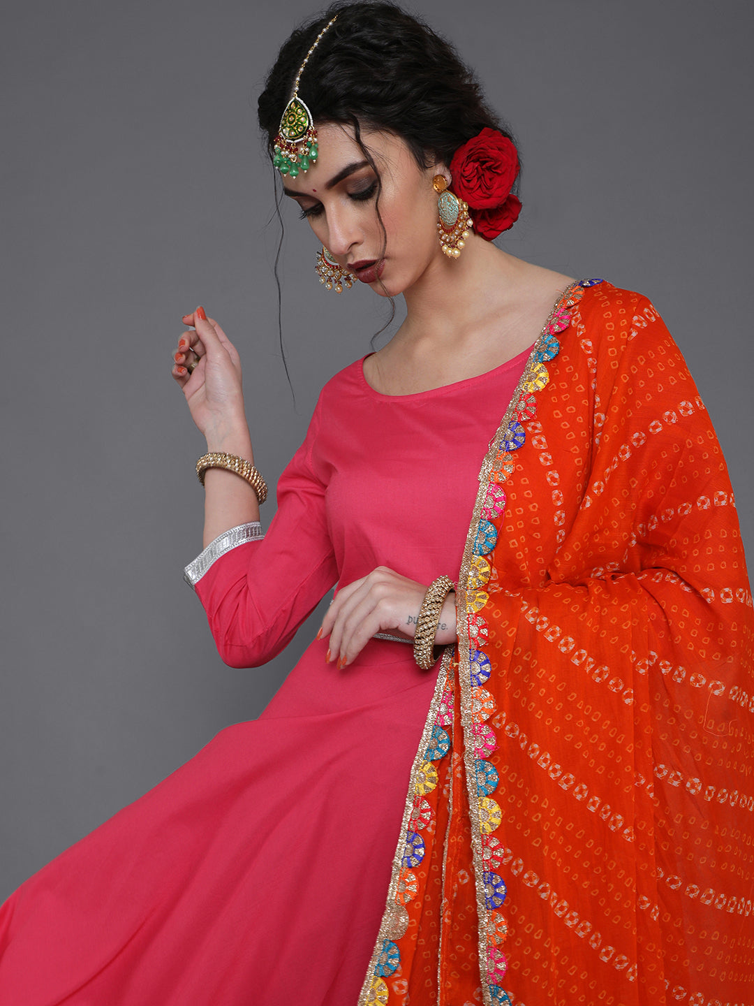 Magenta Maxi Dress With Orange Bandhani Dupatta