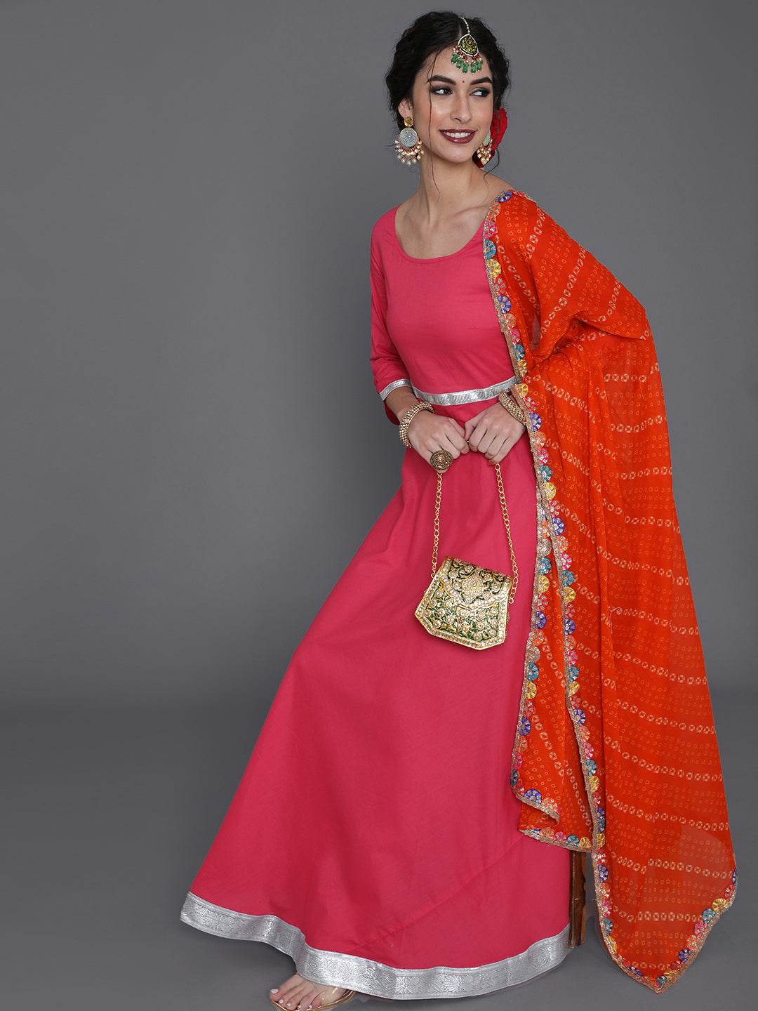 Magenta Maxi Dress With Orange Bandhani Dupatta