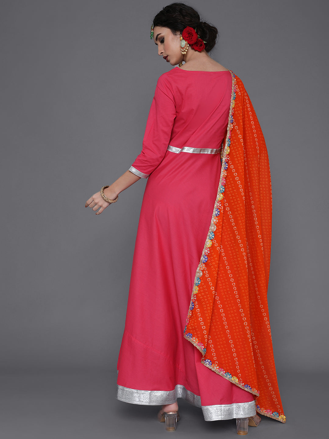 Magenta Maxi Dress With Orange Bandhani Dupatta