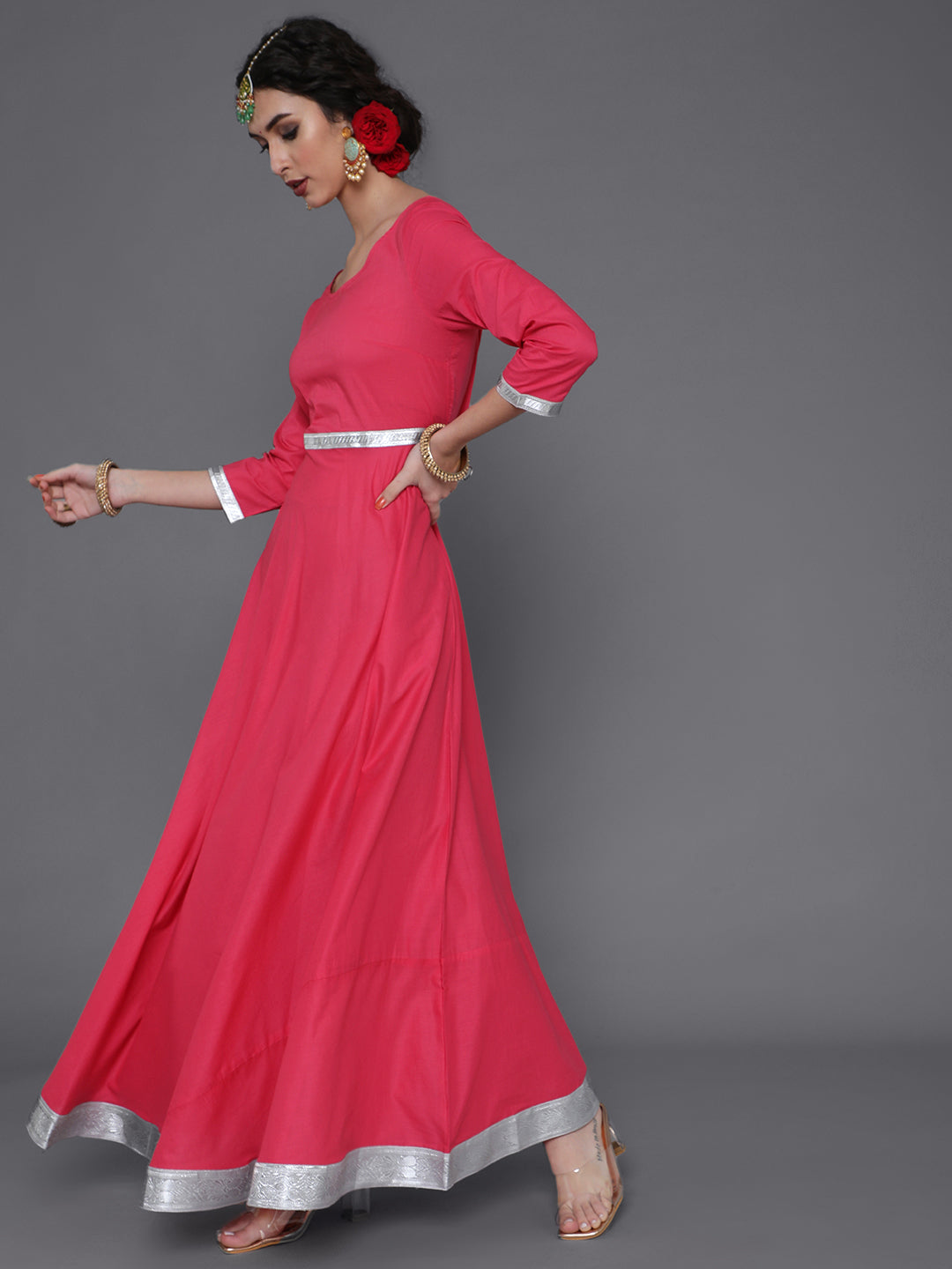 Magenta Maxi Dress With Orange Bandhani Dupatta