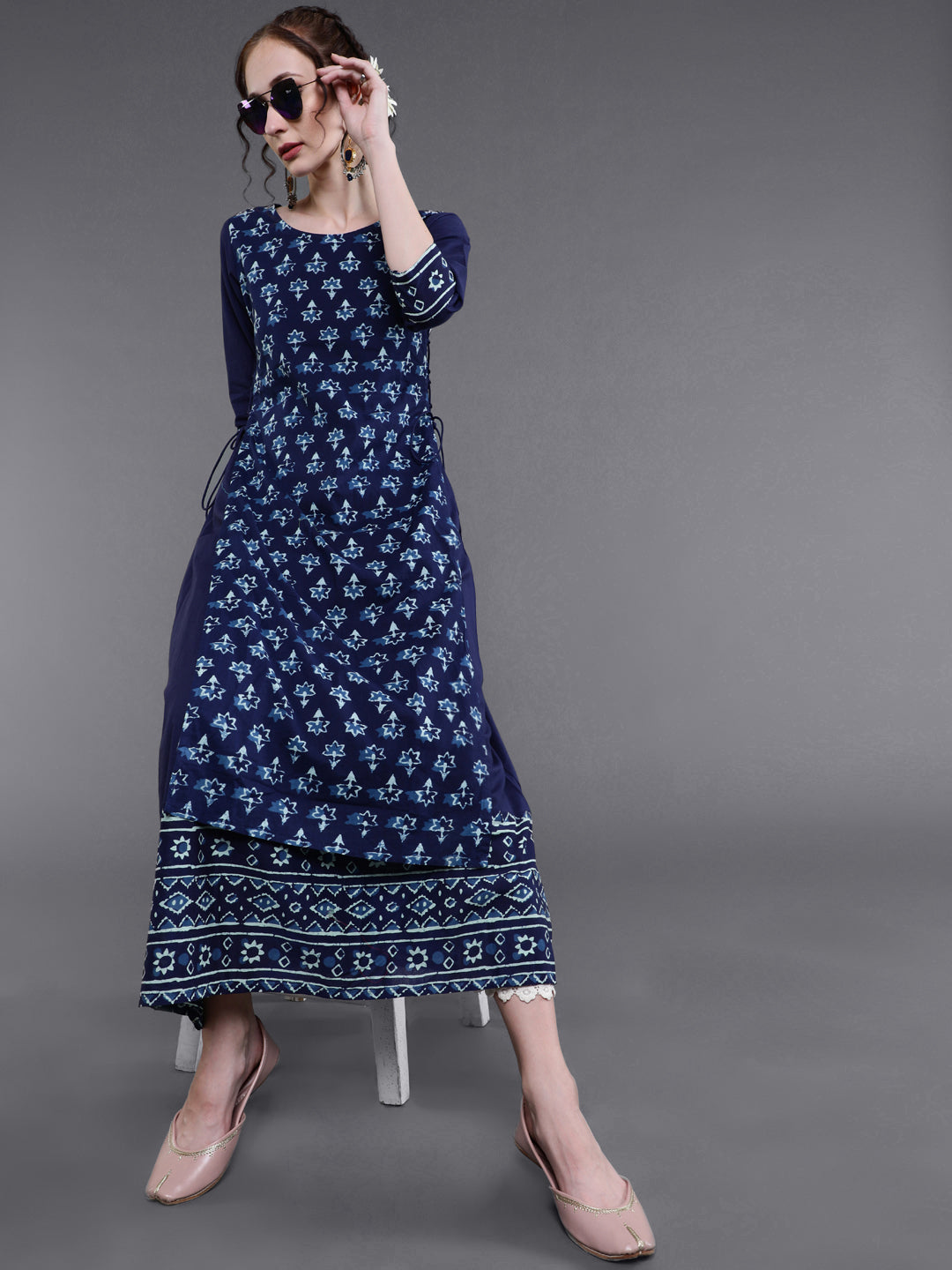 Indigo Printed Double Layered Maxi Dress