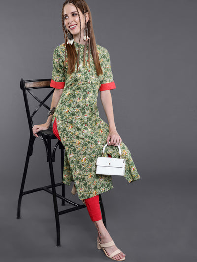Green Floral Print Button Down Kurta
