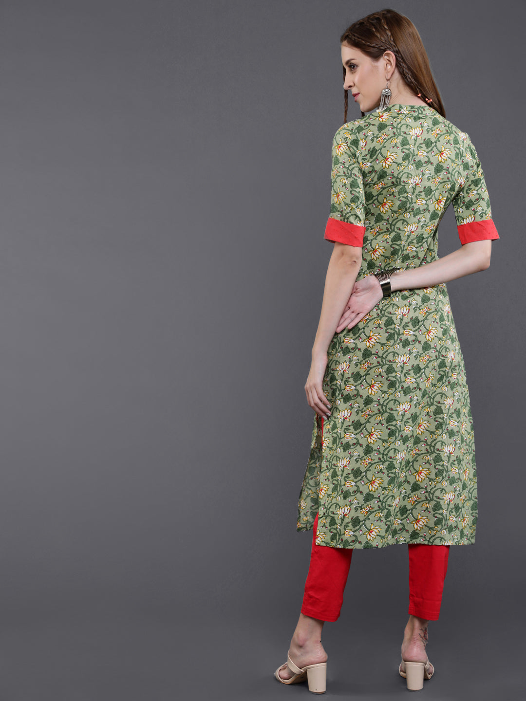 Green Floral Print Button Down Kurta