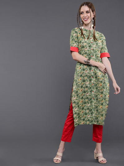 Green Floral Print Button Down Kurta