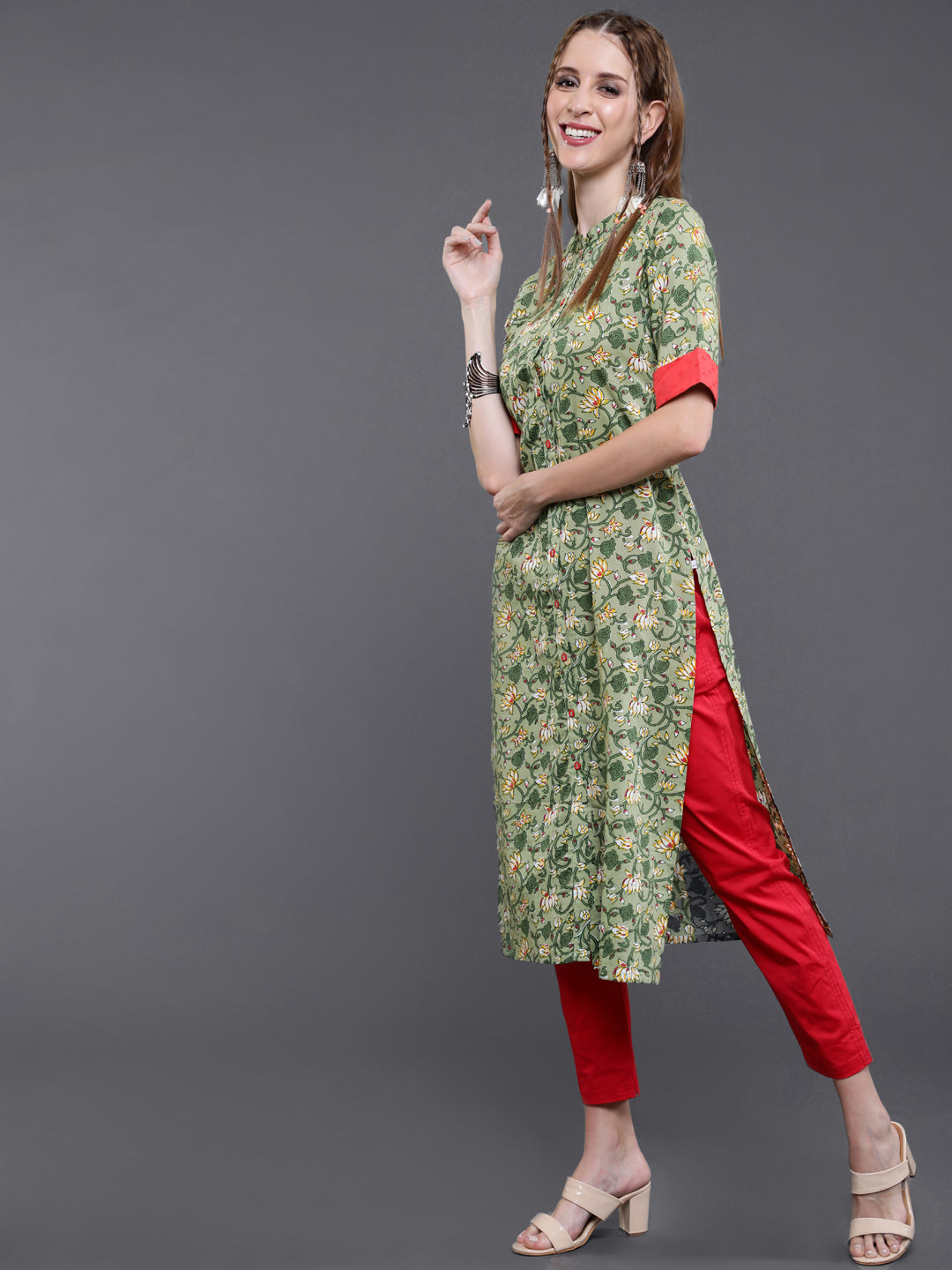 Green Floral Print Button Down Kurta