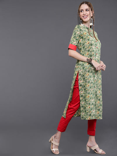 Green Floral Print Button Down Kurta