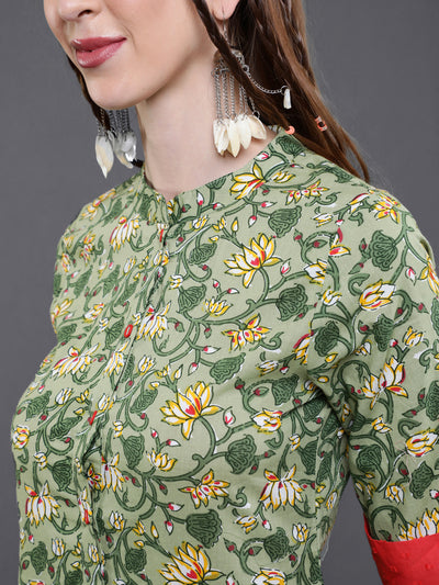 Green Floral Print Button Down Kurta