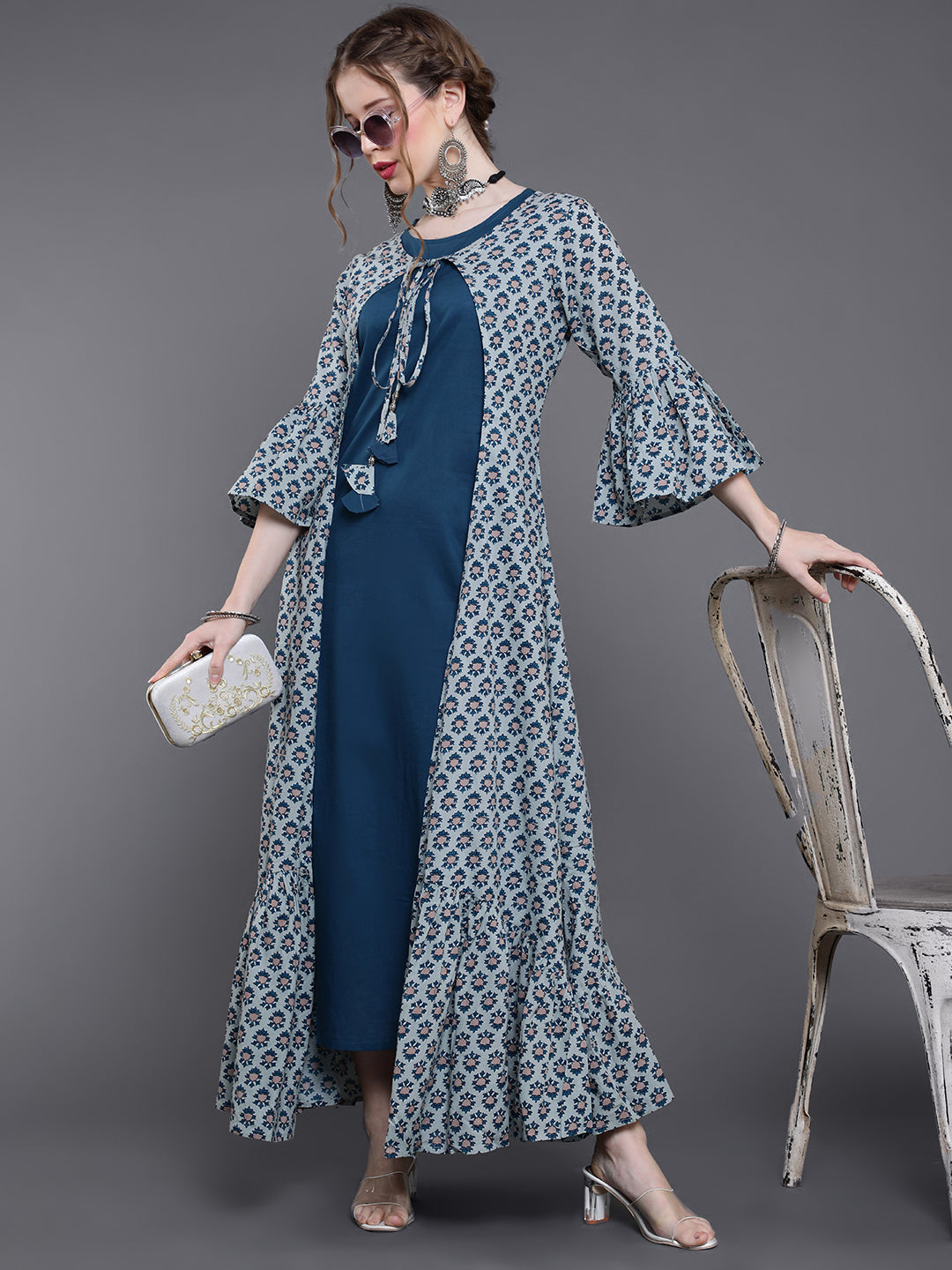 Blue Printed Double Layered Maxi Dress