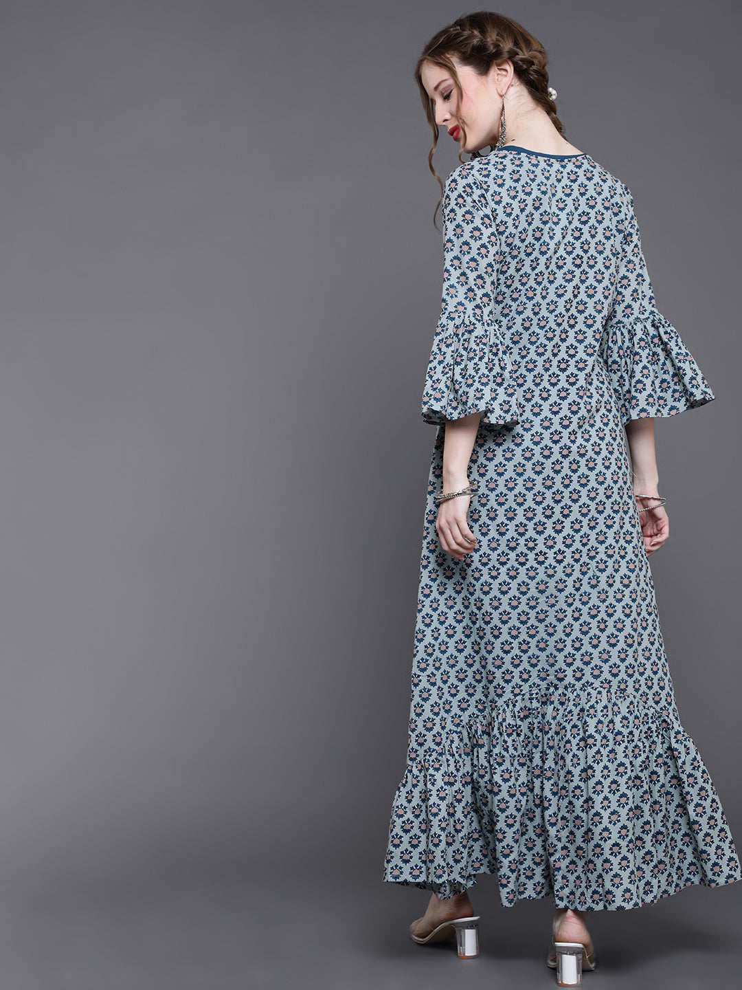 Blue Printed Double Layered Maxi Dress