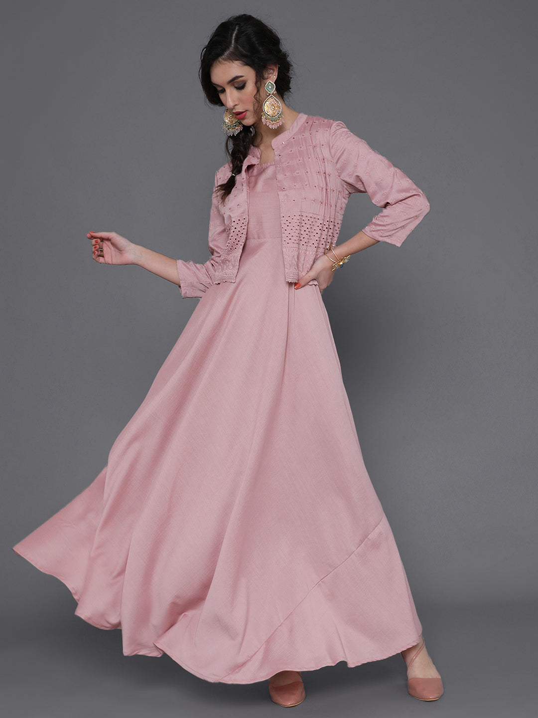 Rose Gold Schiffli Design Maxi Dress With Jacket