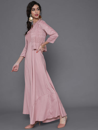Rose Gold Schiffli Design Maxi Dress With Jacket