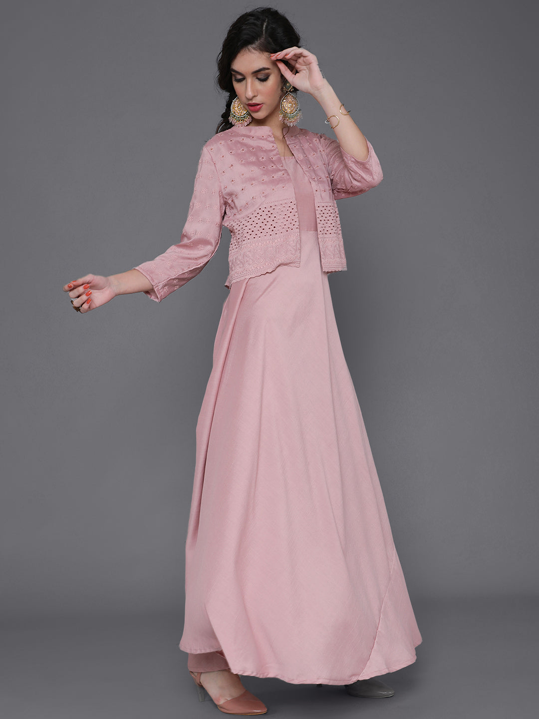 Rose Gold Schiffli Design Maxi Dress With Jacket