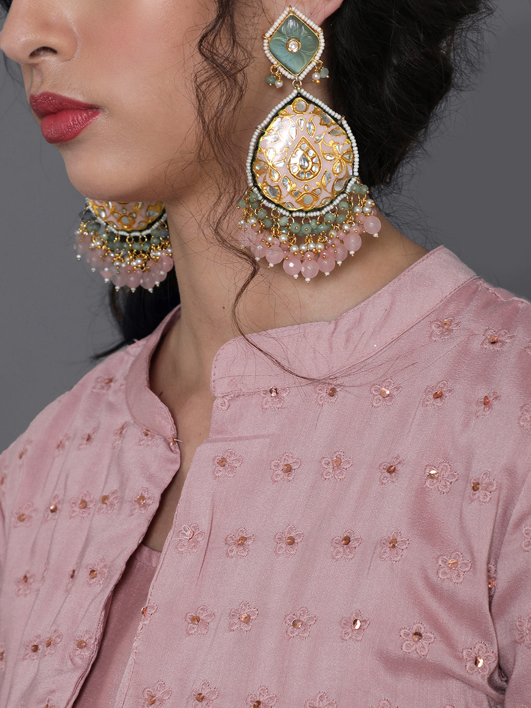 Rose Gold Schiffli Design Maxi Dress With Jacket