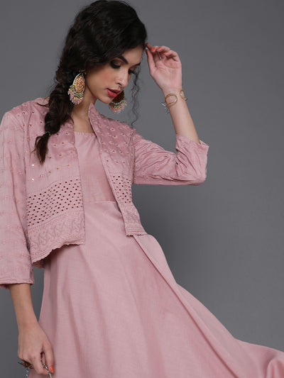 Rose Gold Schiffli Design Maxi Dress With Jacket