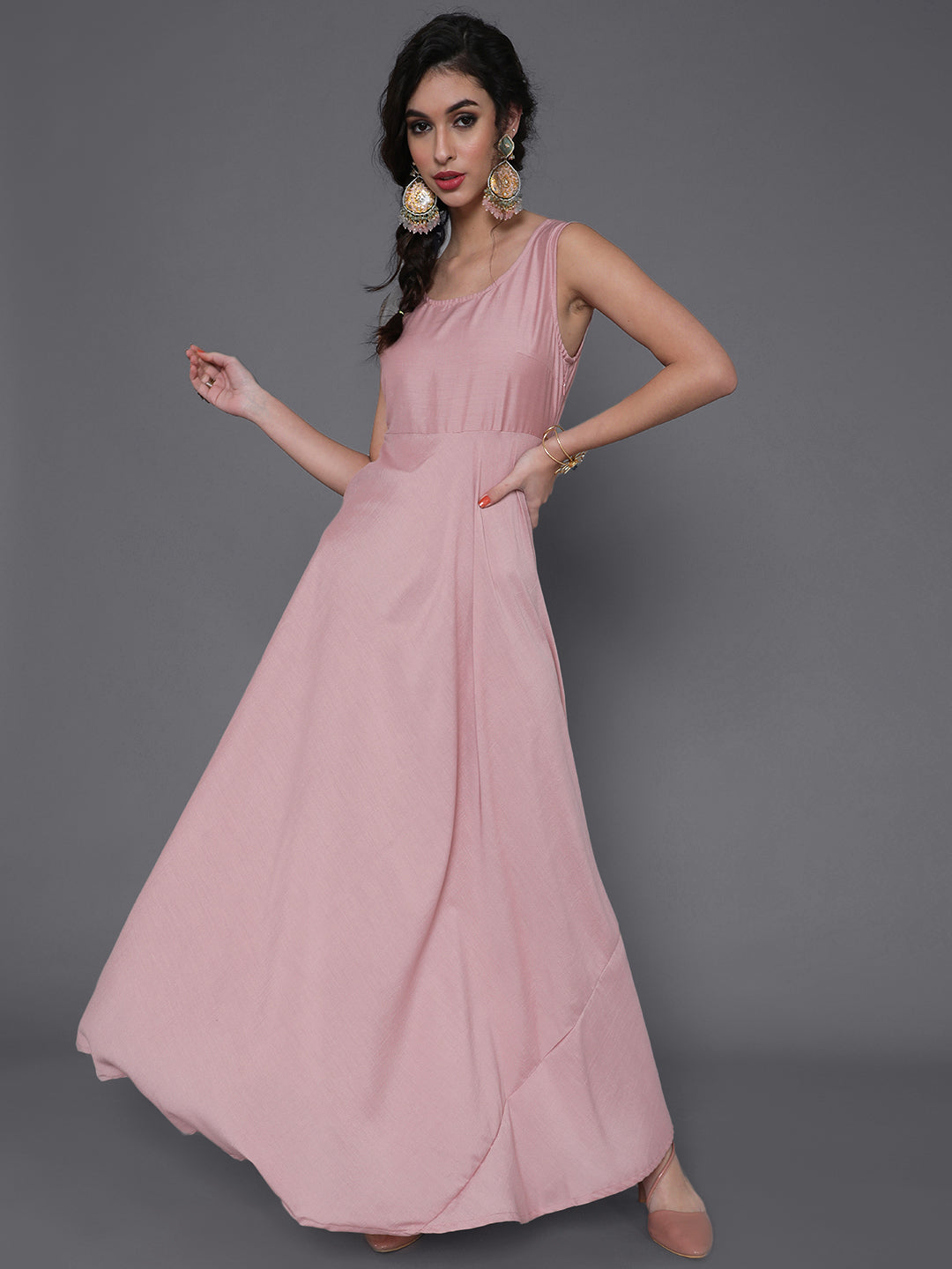 Rose Gold Schiffli Design Maxi Dress With Jacket