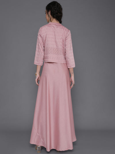Rose Gold Schiffli Design Maxi Dress With Jacket