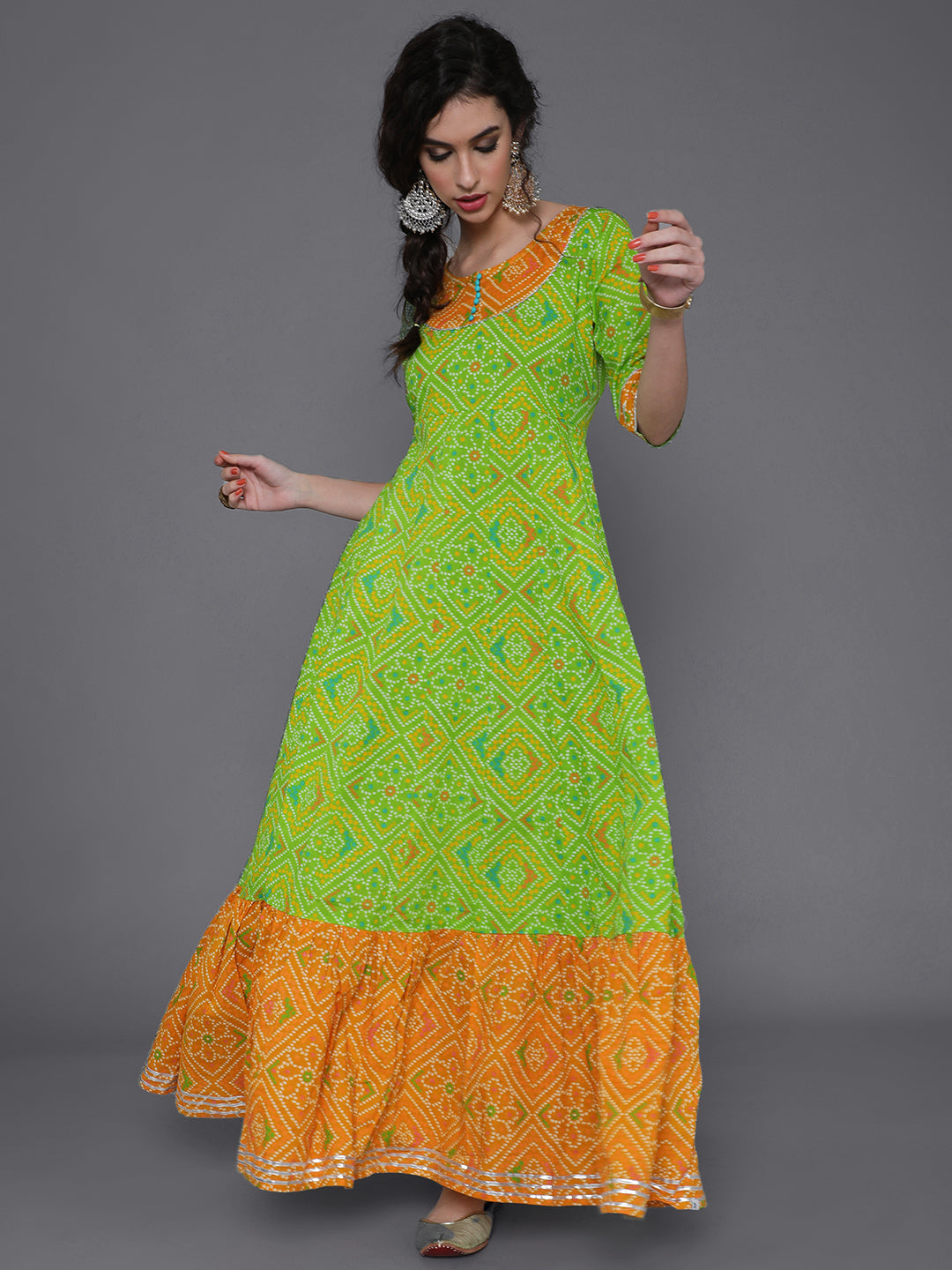 Green Bandhani Print Flared Maxi Dress