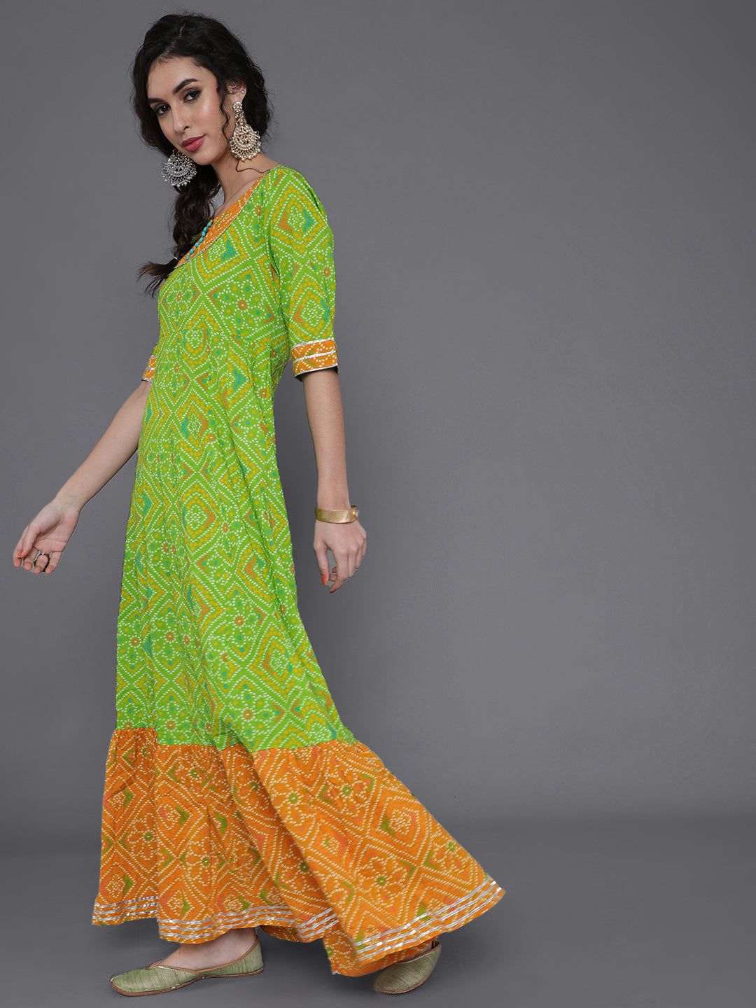 Green Bandhani Print Flared Maxi Dress