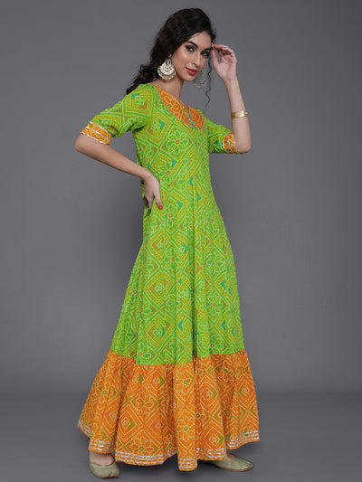 Green Bandhani Print Flared Maxi Dress